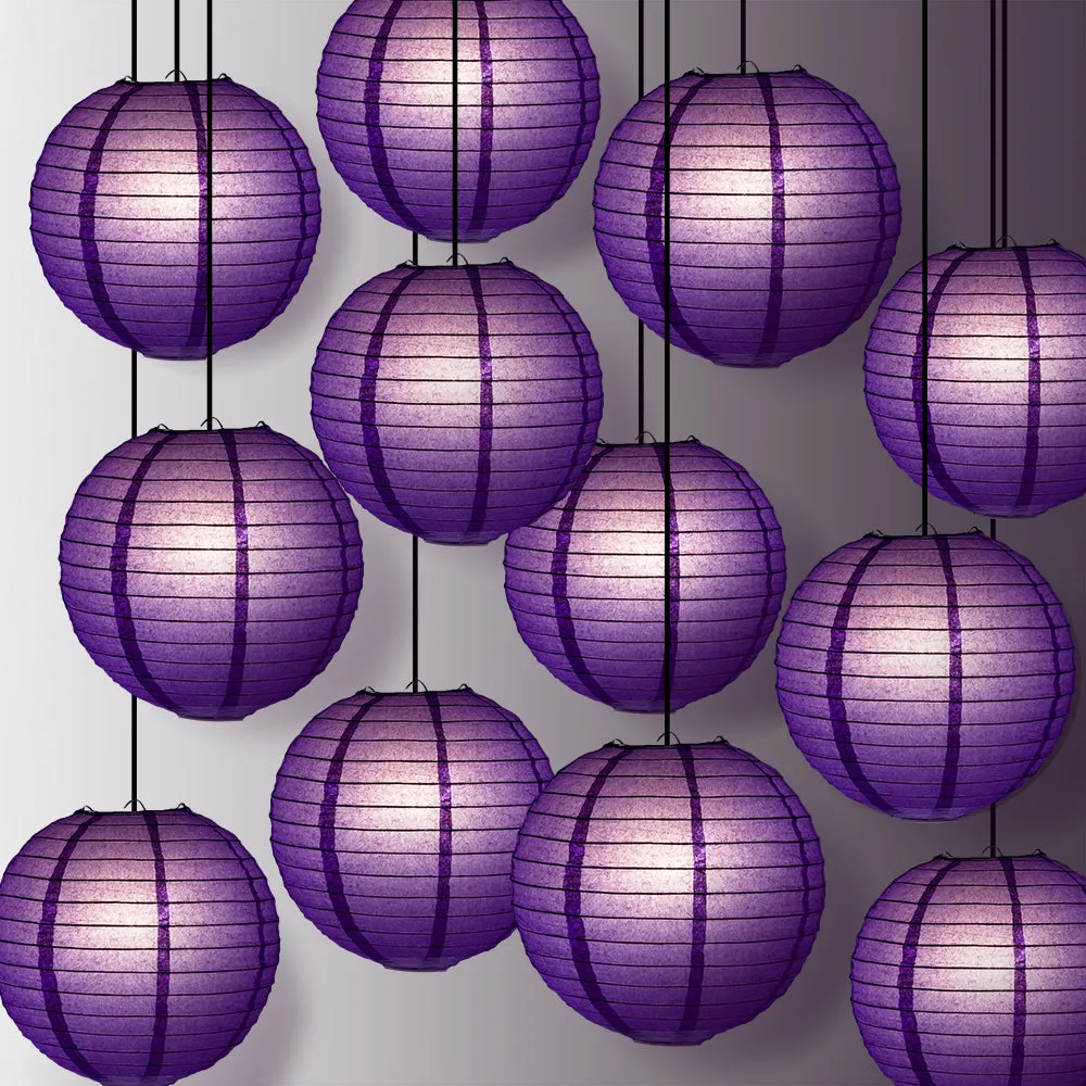 12 PACK | Dark Purple Even Ribbing Round Paper Lantern, Hanging Combo Set