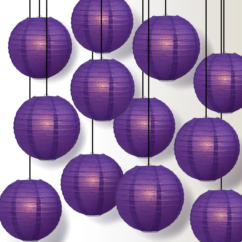 12 PACK | Dark Purple Even Ribbing Round Paper Lantern, Hanging Combo Set