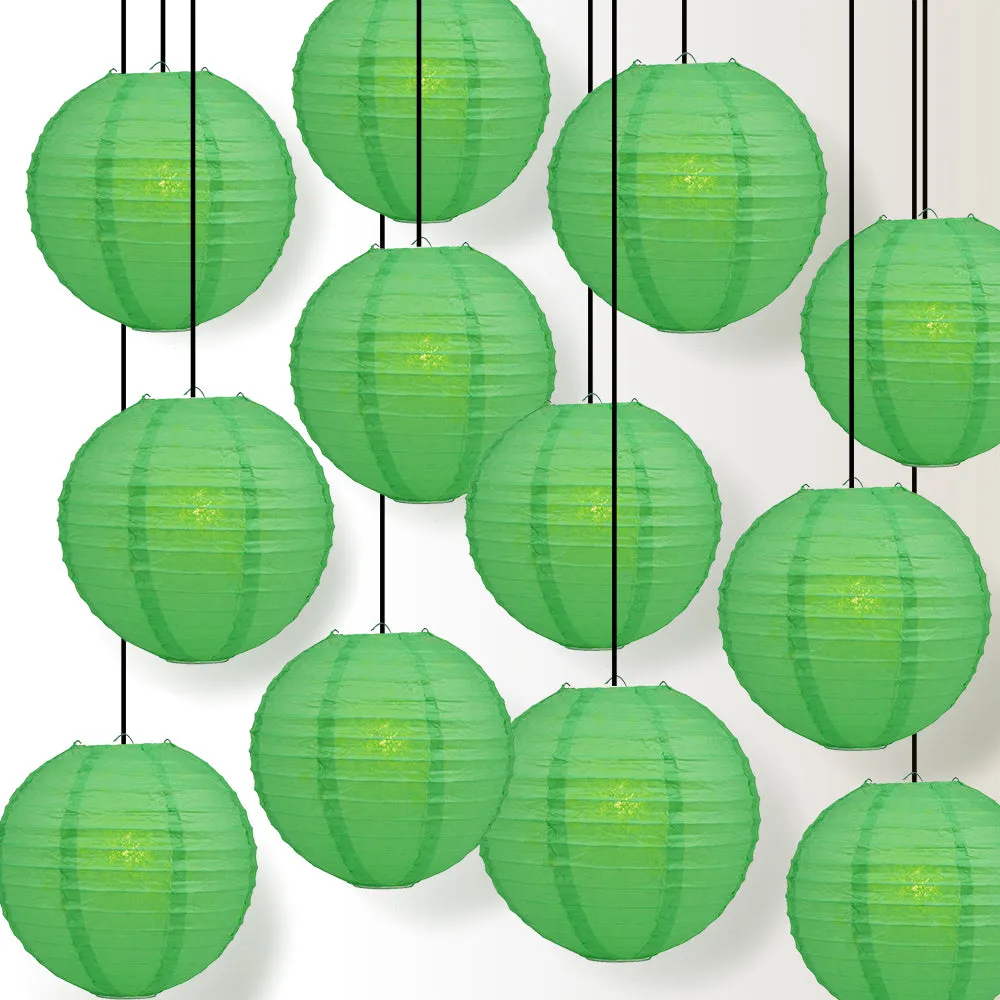 12 PACK | Emerald Green Even Ribbing Round Paper Lantern, Hanging Combo Set