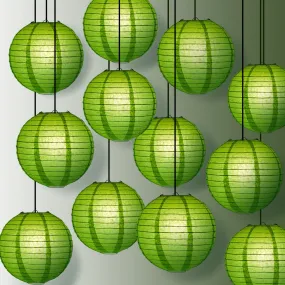 12 PACK | Grass Green Even Ribbing Round Paper Lantern, Hanging Combo Set