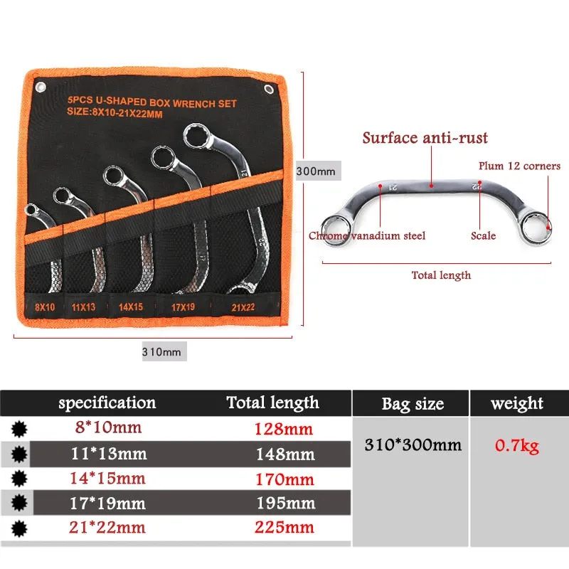 5Pcs U-Shape Box End Wrench,Combination Auto Tool Repair Set