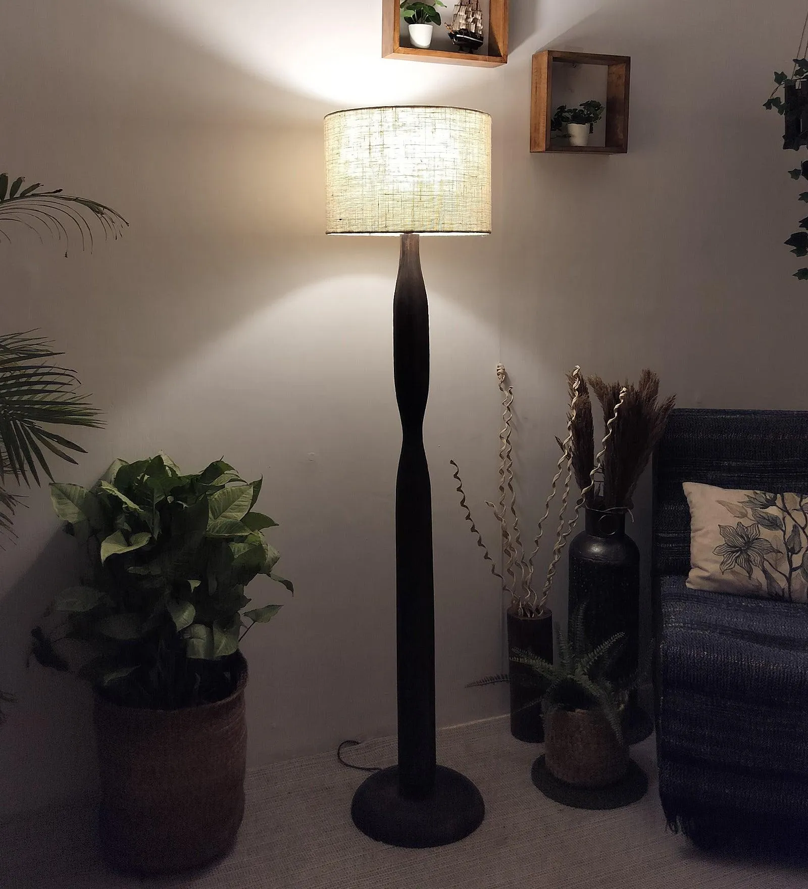 Aristro Wooden Floor Lamp with Brown Base and Jute Fabric Lampshade