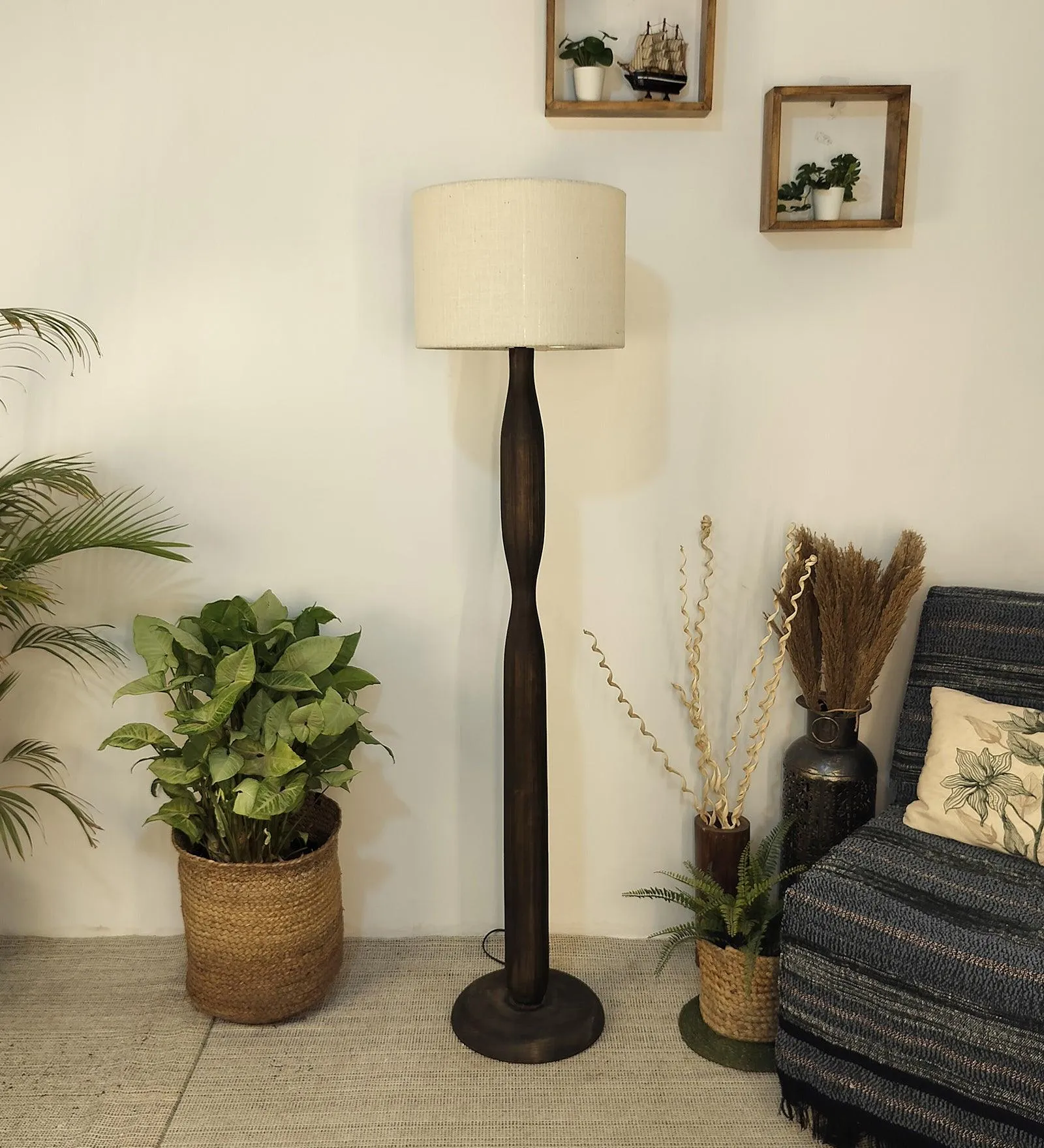 Aristro Wooden Floor Lamp with Brown Base and Jute Fabric Lampshade