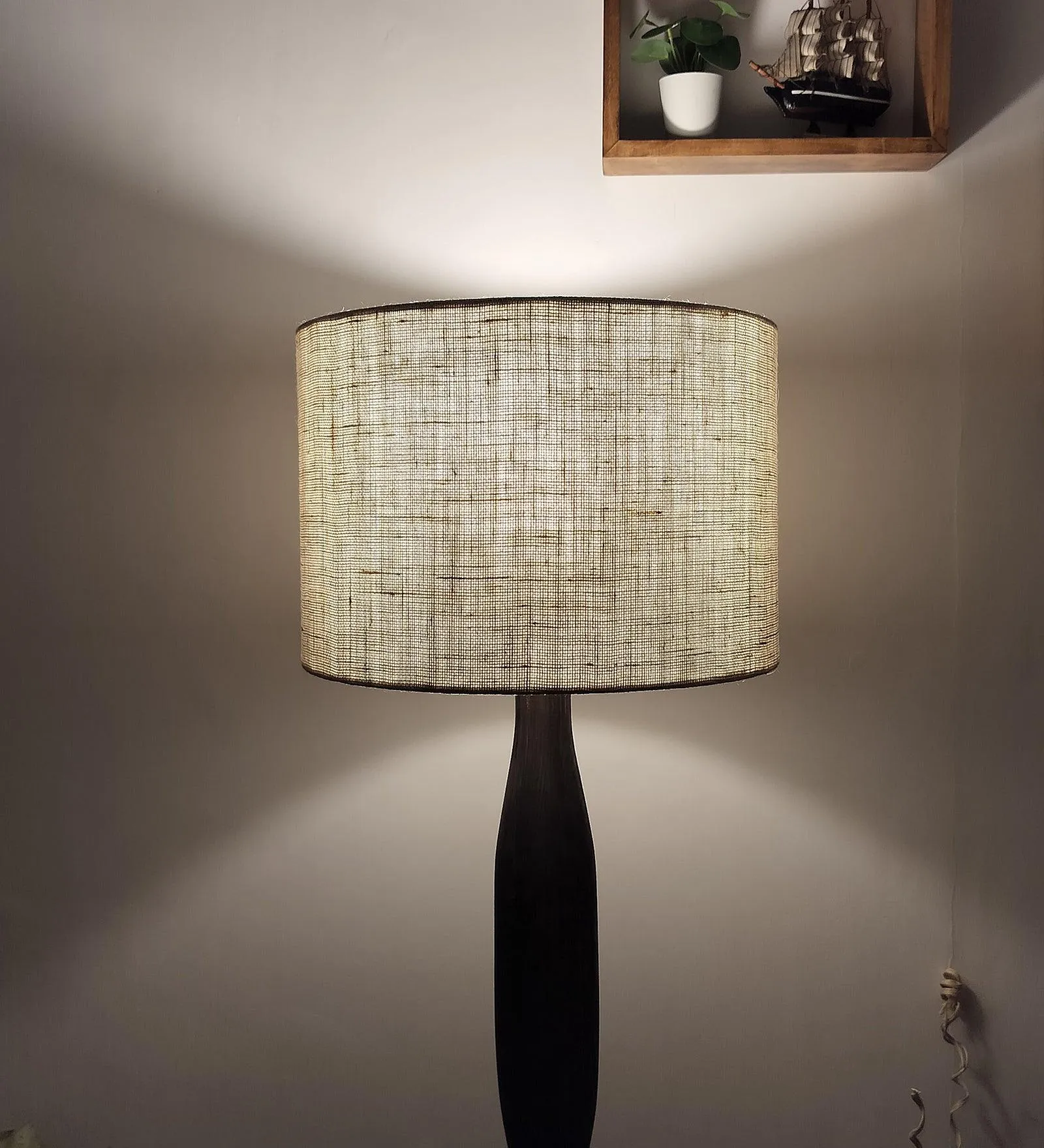 Aristro Wooden Floor Lamp with Brown Base and Jute Fabric Lampshade