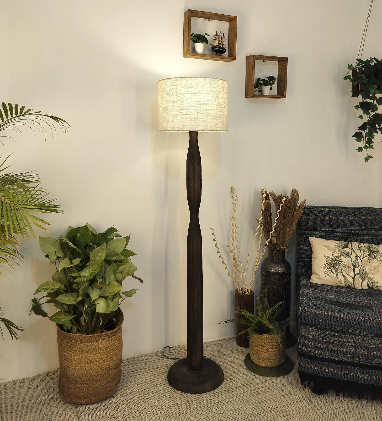 Aristro Wooden Floor Lamp with Brown Base and Jute Fabric Lampshade