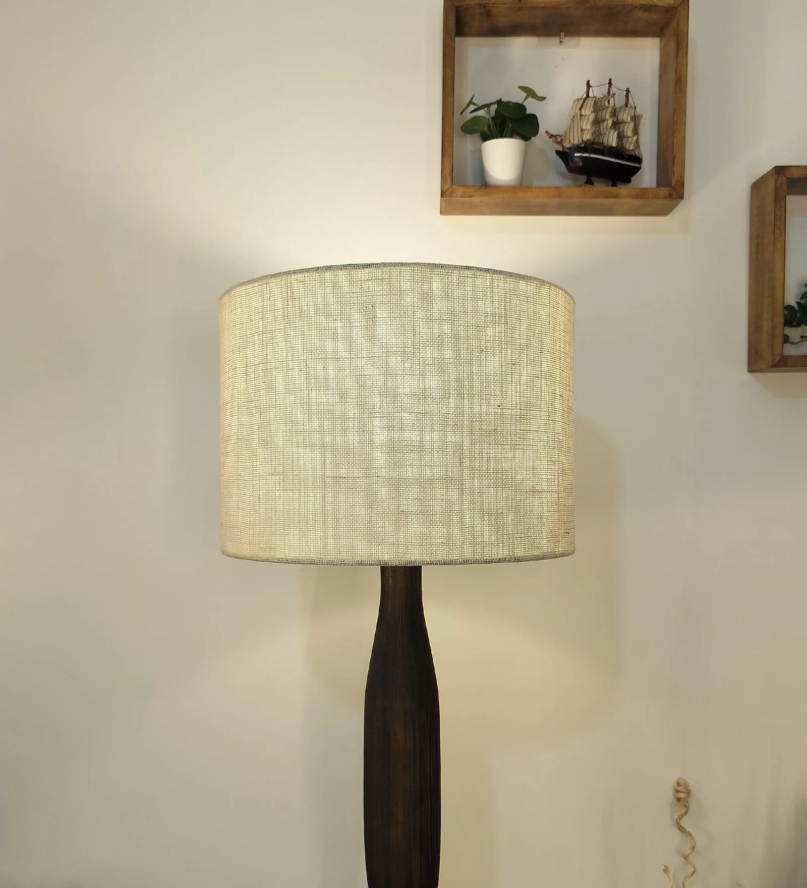 Aristro Wooden Floor Lamp with Brown Base and Jute Fabric Lampshade