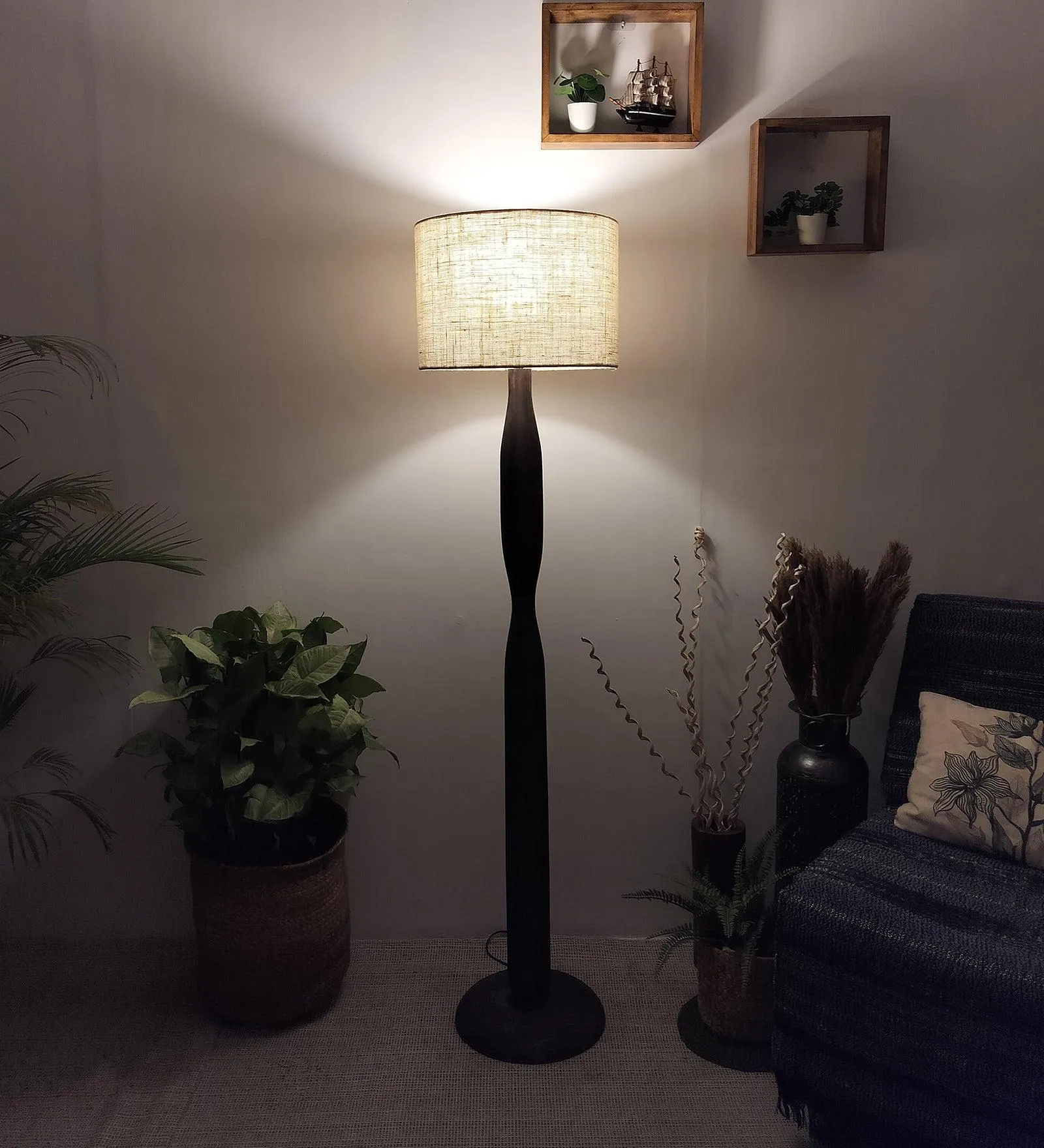 Aristro Wooden Floor Lamp with Brown Base and Jute Fabric Lampshade