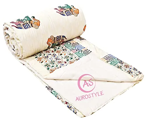 AUROSTYLE 400 TC Pure Cotton Double Bed Soft Jaipuri AC Quilt/Razai/Rajai Floral Print,Jaipuri razai Double Bed for Winter Printed (Multicolor, Double Bed, 85 x 100 inch, Breathable)