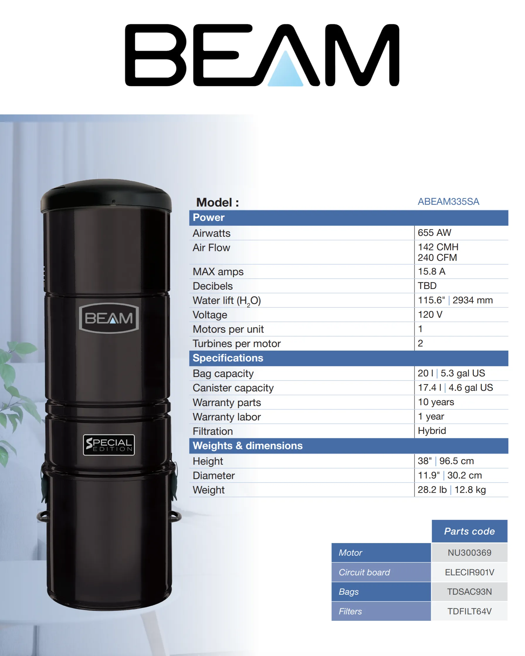 Beam 335 Special Edition Central Vacuum Canister