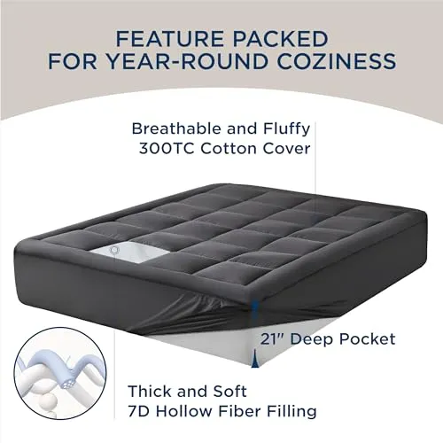 Bedsure Mattress Pad Twin Size - Breathable Cotton Mattress Topper, Quilted Fitted Mattress Cover with Deep Pocket Fits 8-21 Inch Mattress, Soft Fluffy Pillow Top, Dark Grey