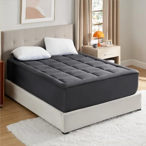 Bedsure Mattress Pad Twin Size - Breathable Cotton Mattress Topper, Quilted Fitted Mattress Cover with Deep Pocket Fits 8-21 Inch Mattress, Soft Fluffy Pillow Top, Dark Grey