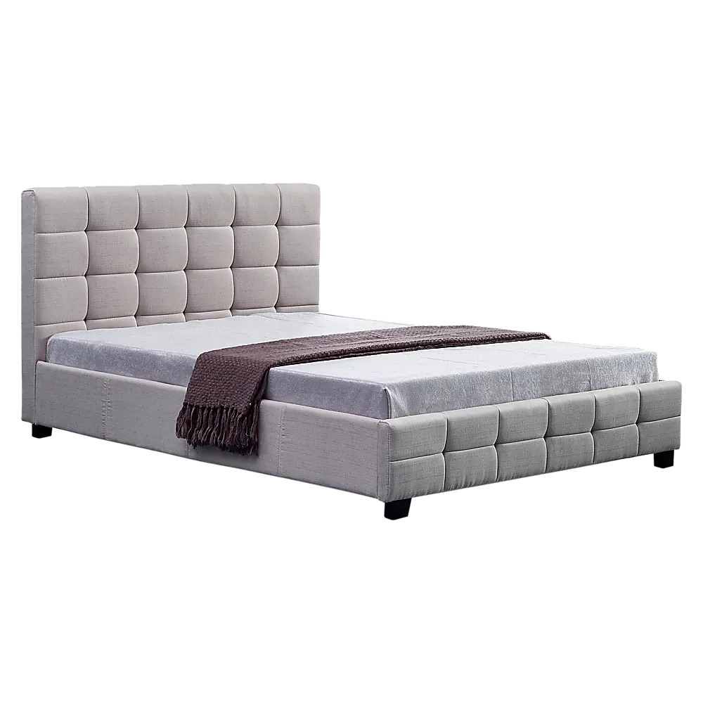 Beige Linen Fabric Double Bed Frame w/ Tufted Headboard