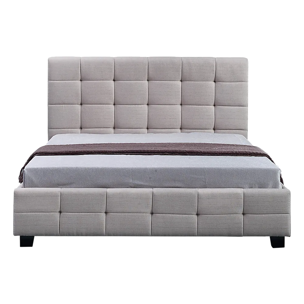 Beige Linen Fabric Double Bed Frame w/ Tufted Headboard