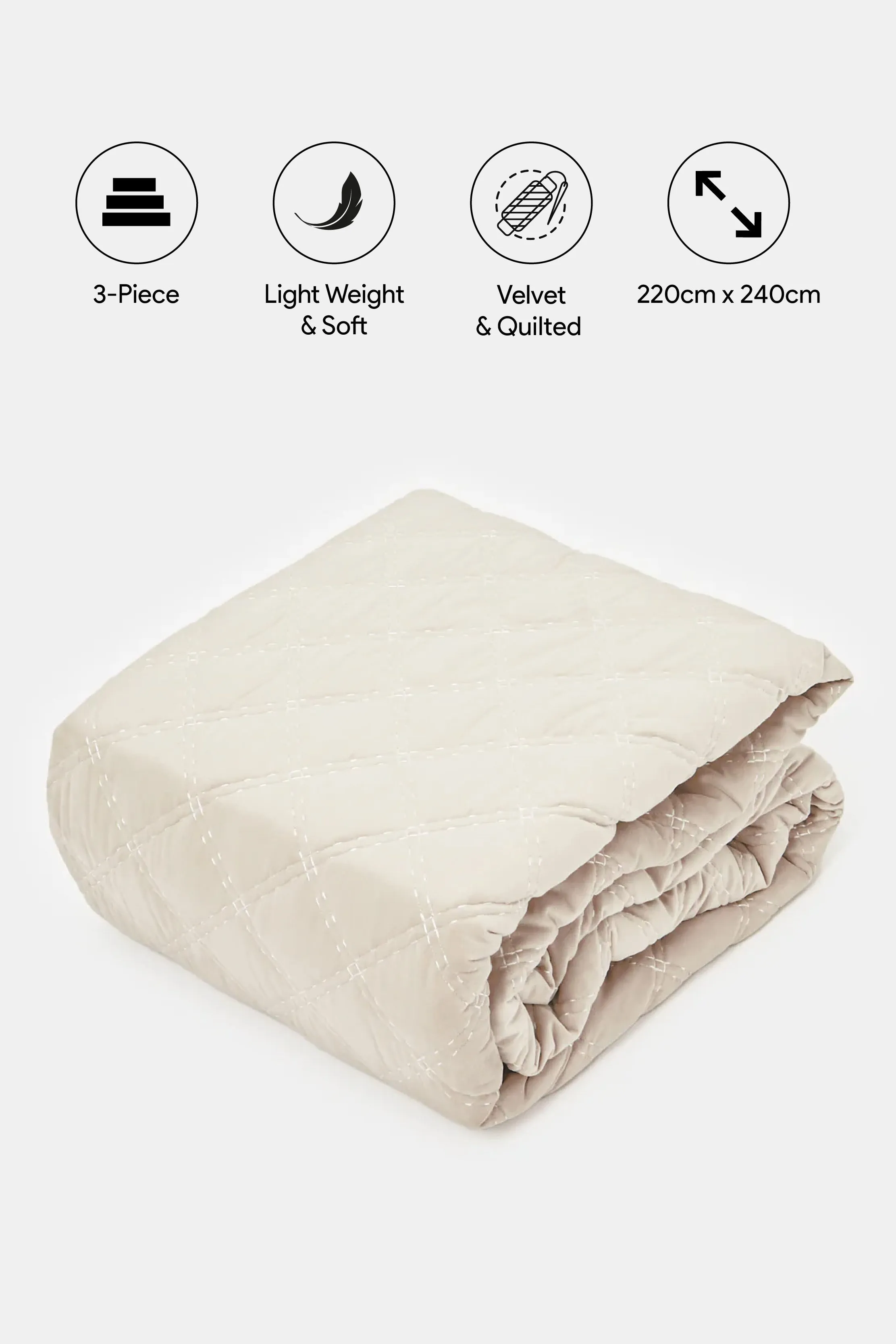 Beige Velvet 3-Piece Quilt (Double Size)