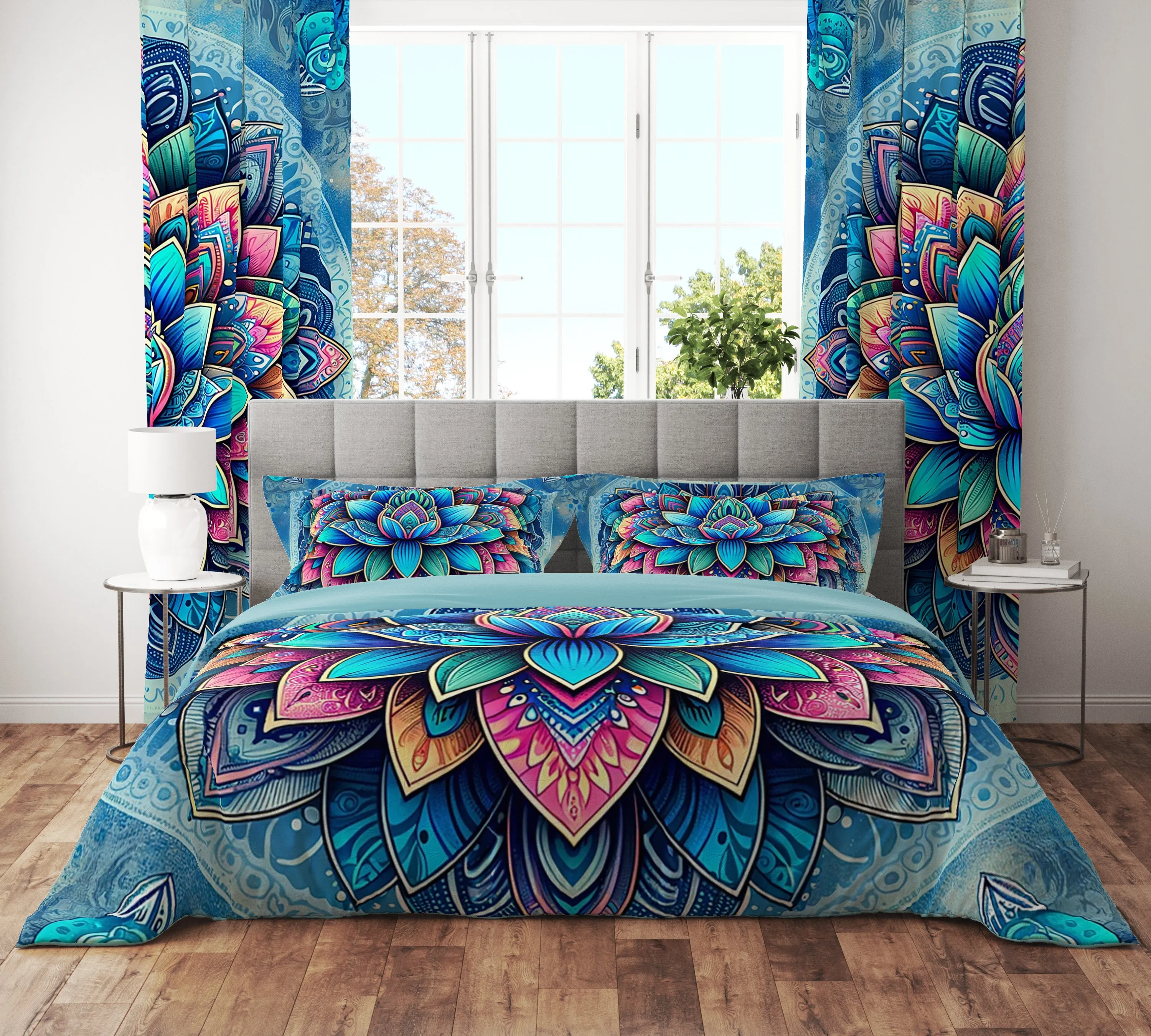 Blue Bohemian Lotus Reversible Quilt Cover Duvet Cover Set