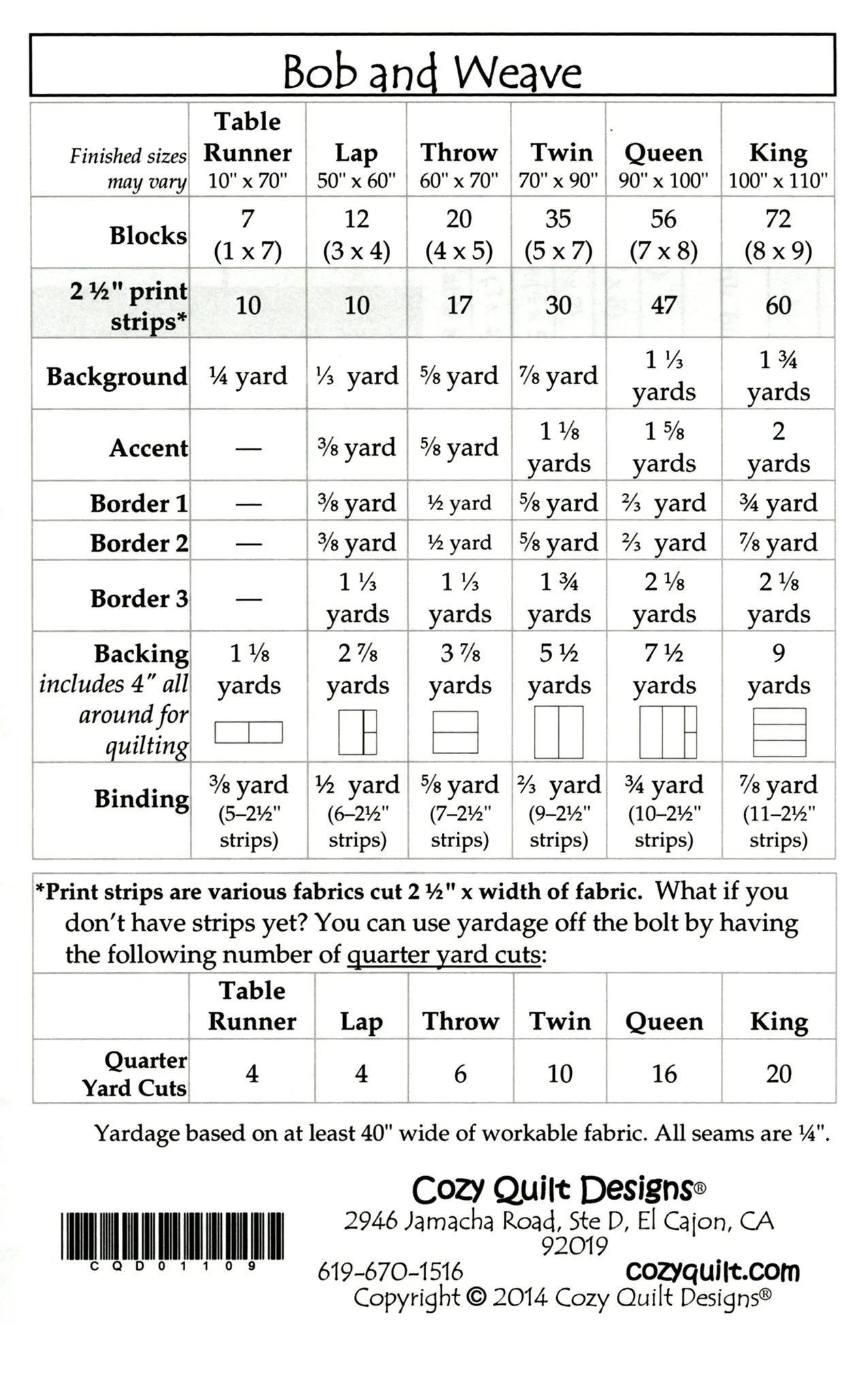 Bob and Weave: A Strip Pattern for 2 1/2" Strips by Cozy Quilt Designs # CQD01109