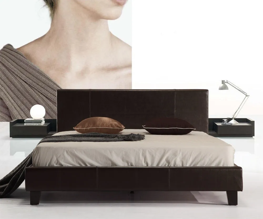 Brown Double PU Leather Bed Frame with Stitched Design