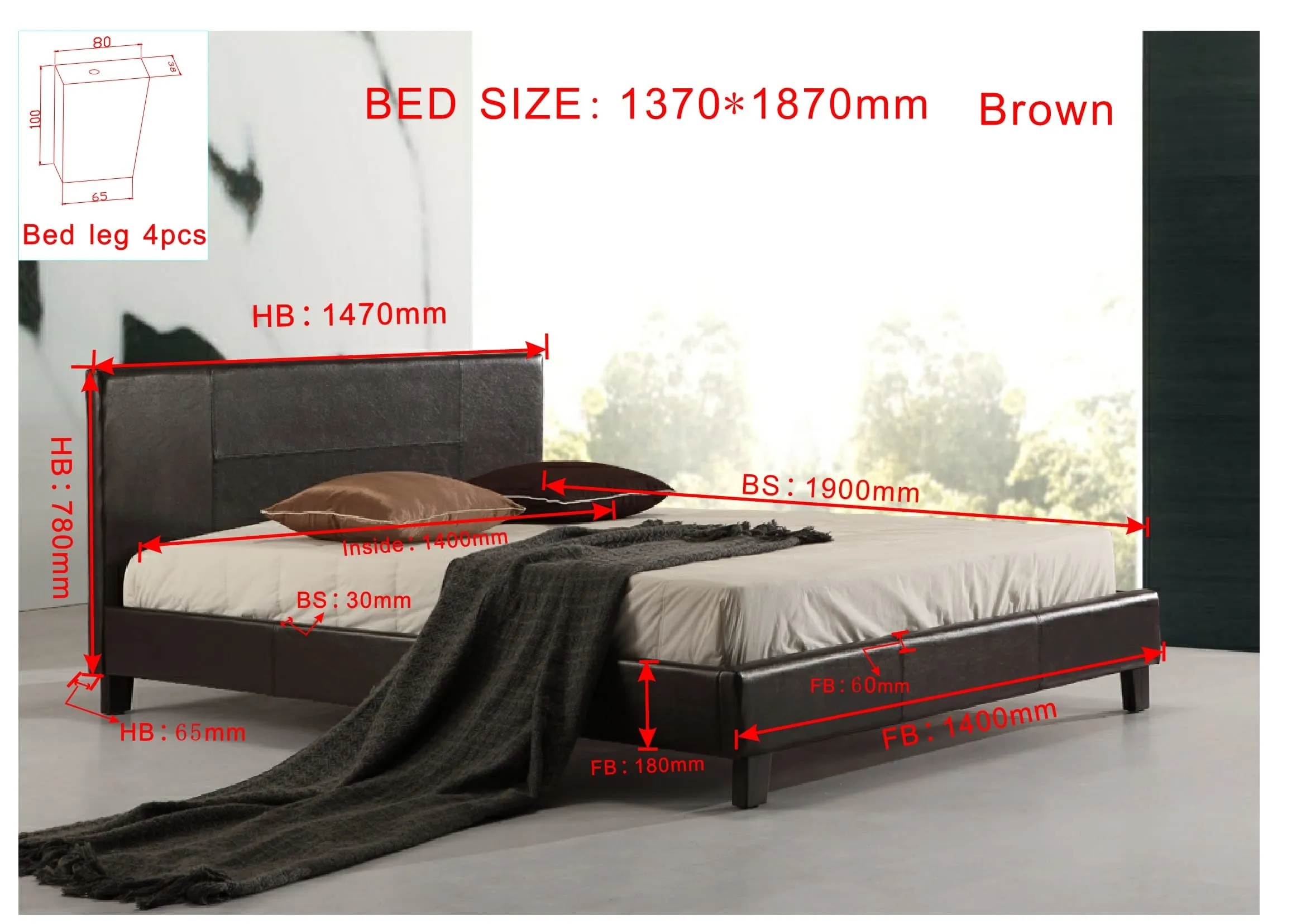 Brown Double PU Leather Bed Frame with Stitched Design