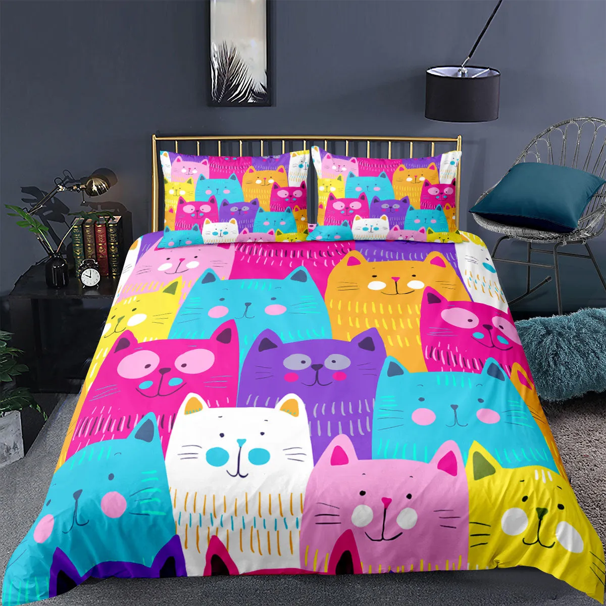 Cartoon Animal Kitten 3D Digital Printing Three-piece Duvet Cover Sheet Set