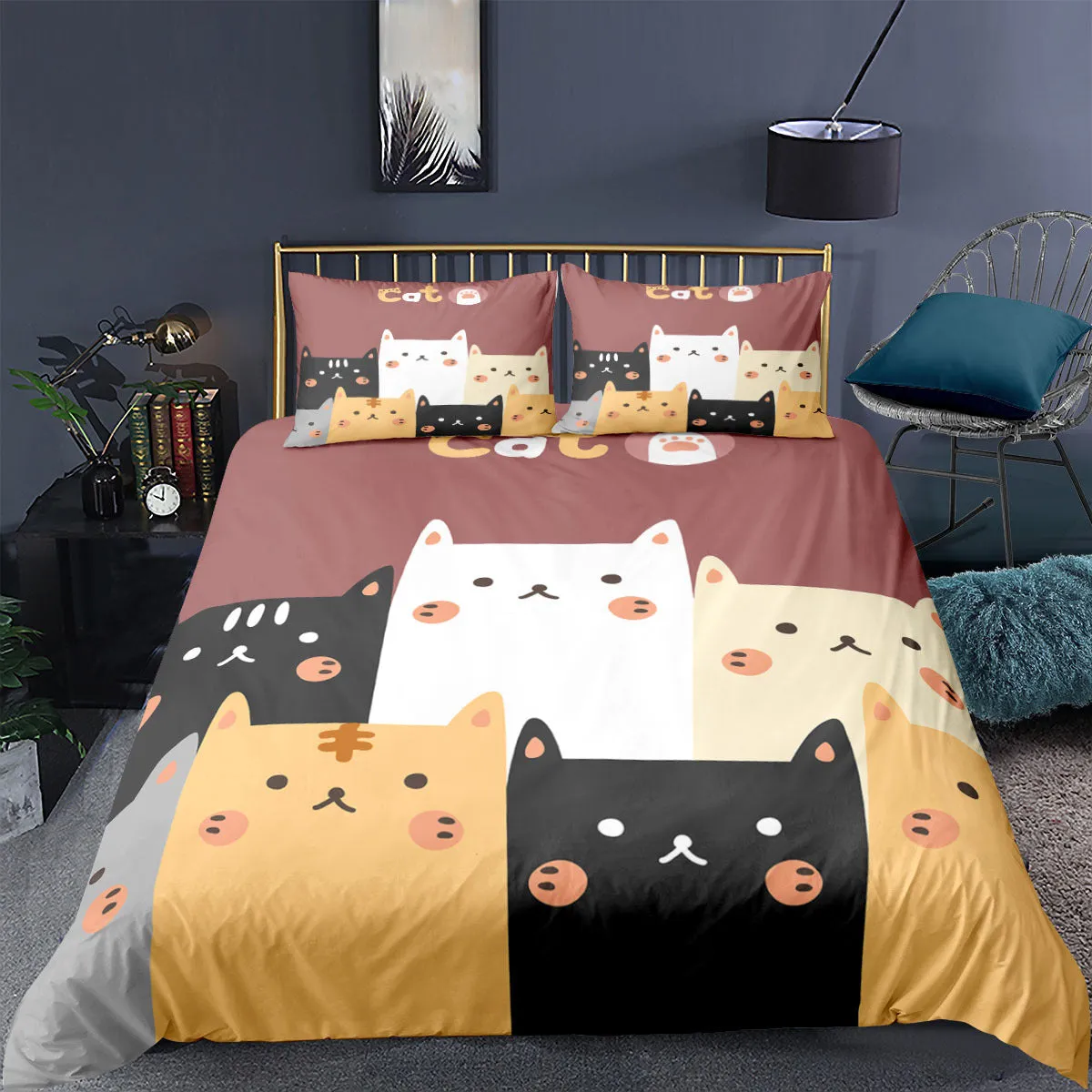 Cartoon Animal Kitten 3D Digital Printing Three-piece Duvet Cover Sheet Set