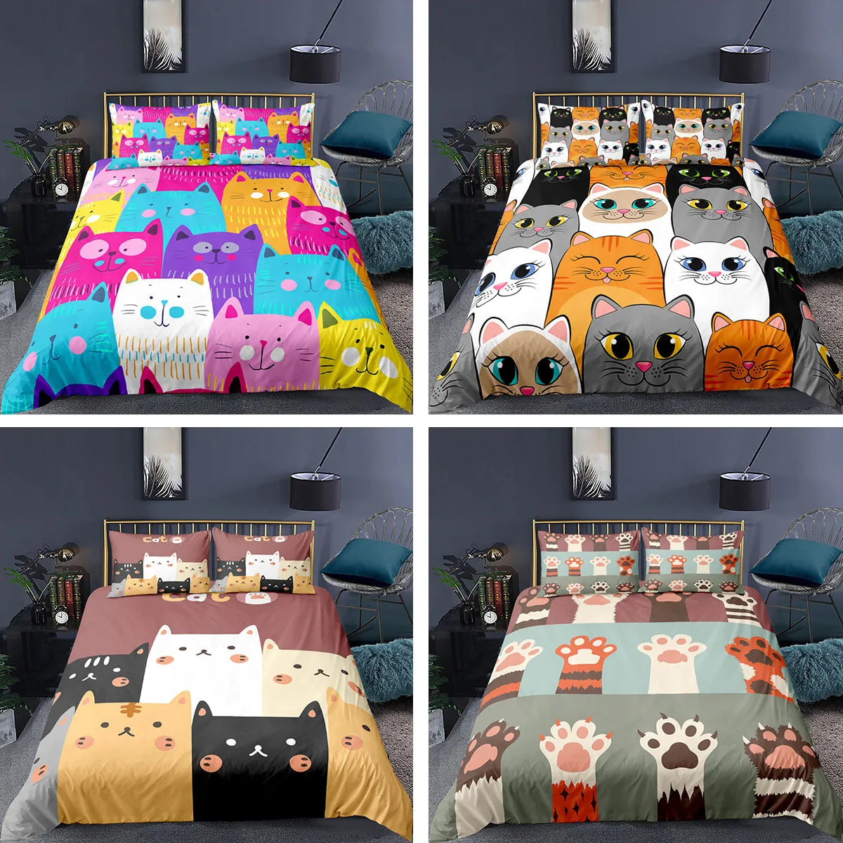 Cartoon Animal Kitten 3D Digital Printing Three-piece Duvet Cover Sheet Set