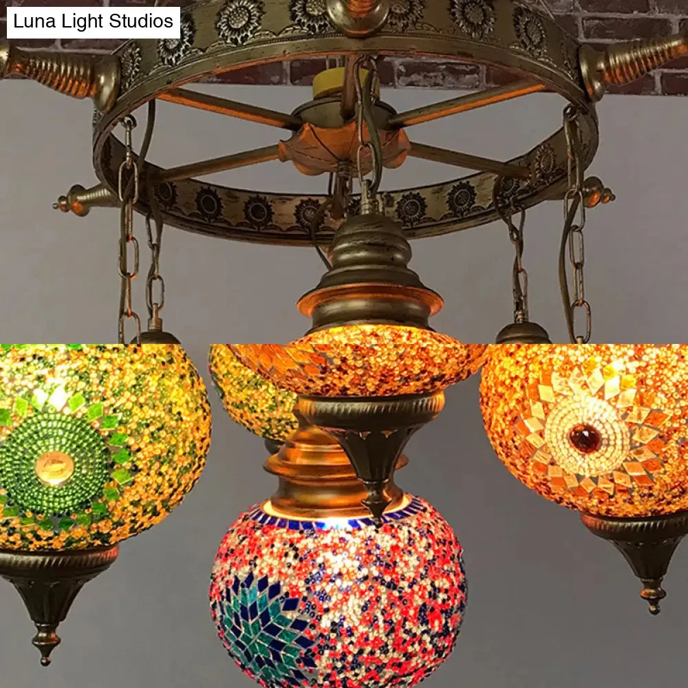 Colorful Retro Glass Globe Ceiling Chandelier - Bronze Pendant Lighting for Living Room