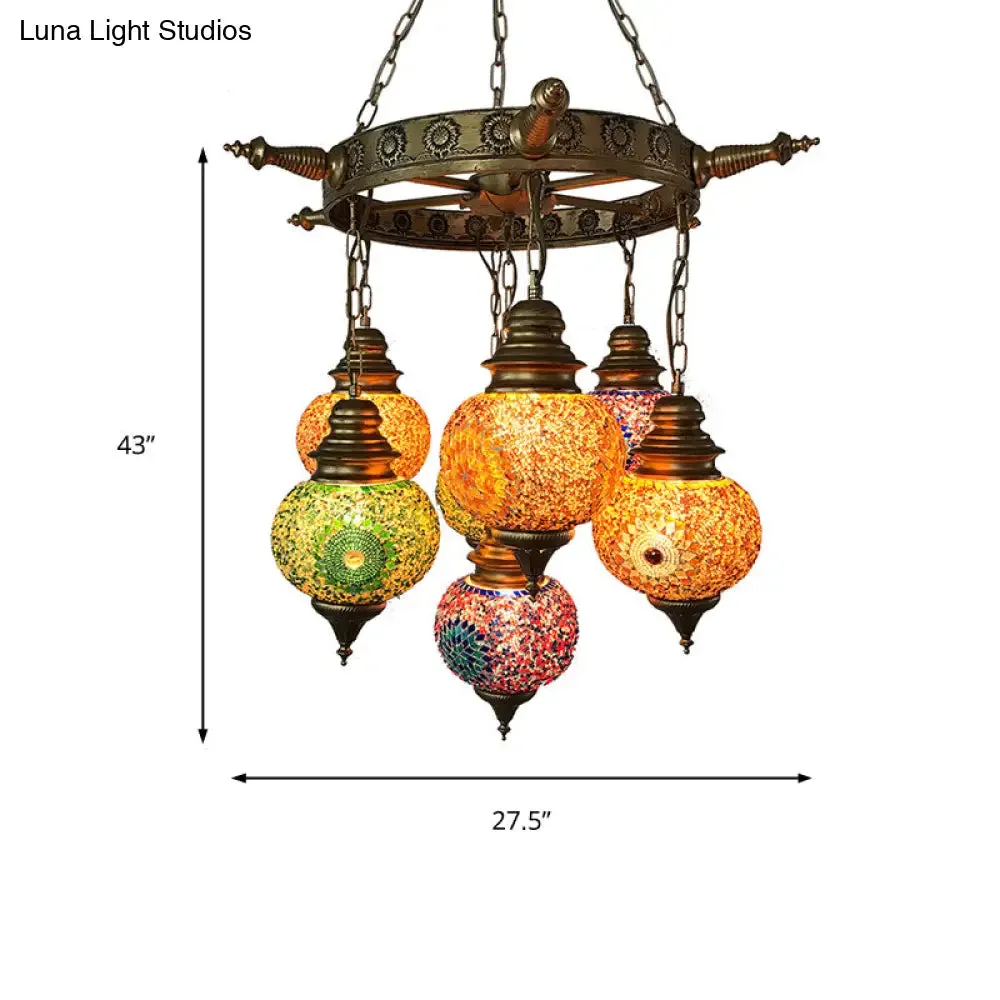 Colorful Retro Glass Globe Ceiling Chandelier - Bronze Pendant Lighting for Living Room