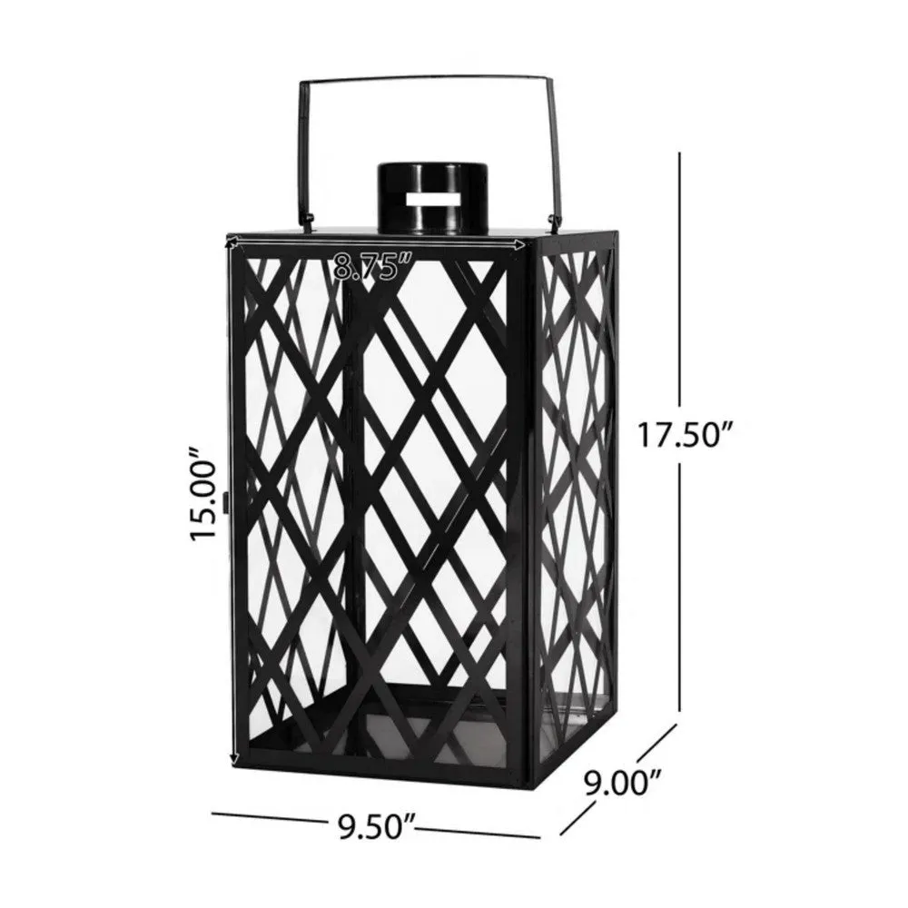 Dove 18 Inch Lantern, Lattice Black Stainless Steel, Tempered Glass By Casagear Home