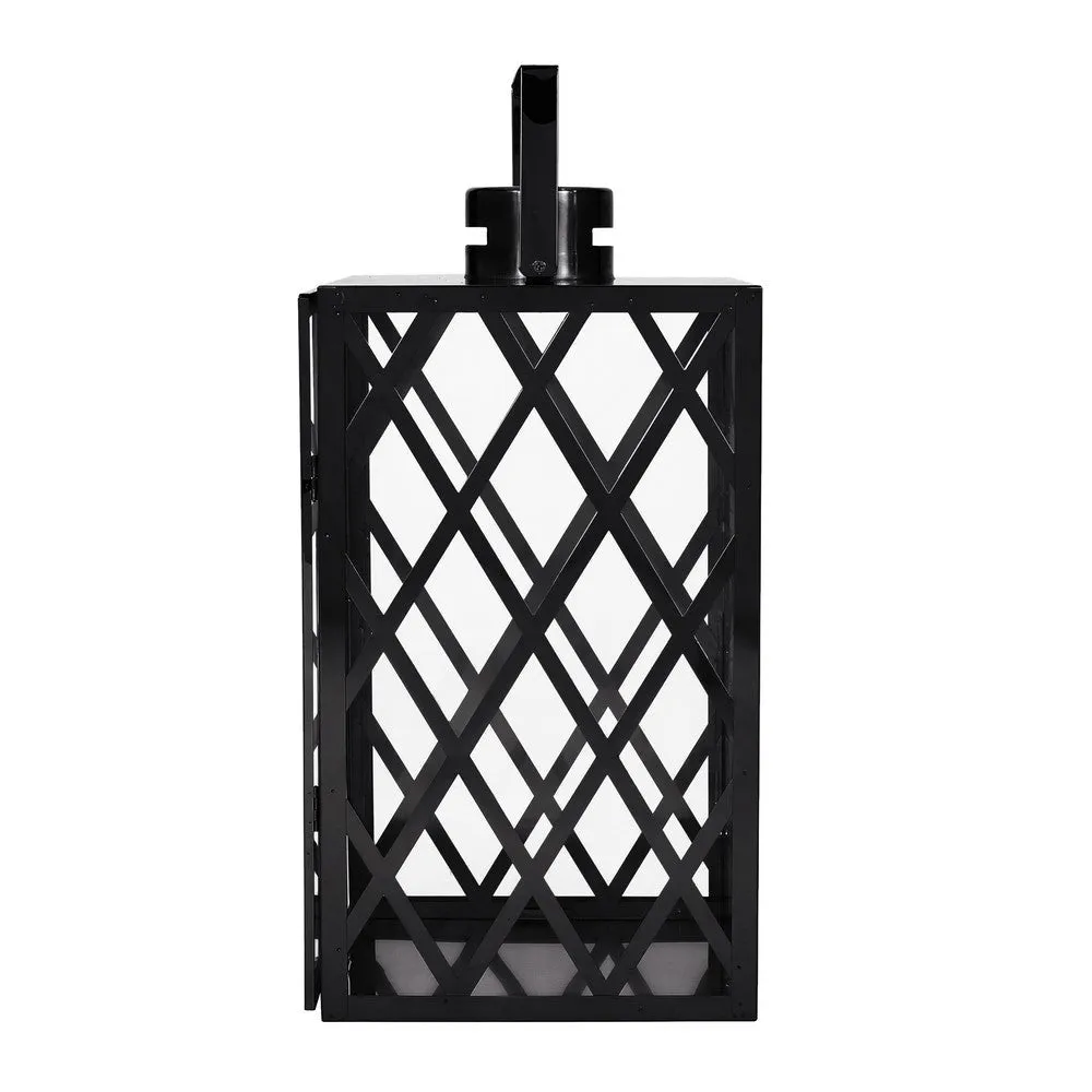 Dove 18 Inch Lantern, Lattice Black Stainless Steel, Tempered Glass By Casagear Home