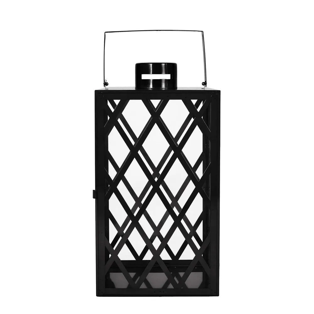 Dove 18 Inch Lantern, Lattice Black Stainless Steel, Tempered Glass By Casagear Home