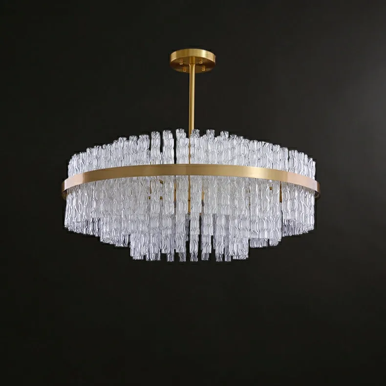 Elegant Brass Crystal Wave Tube Chandelier For Living Room Pure Copper Round Dining Table Ceiling Light/ Lamp