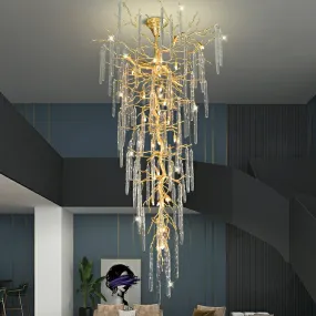 Extra Large Brass Tree Branch LED Chandelier Crystal Bar Drops Ceiling Light Fixture For Foyer Living Room Hall