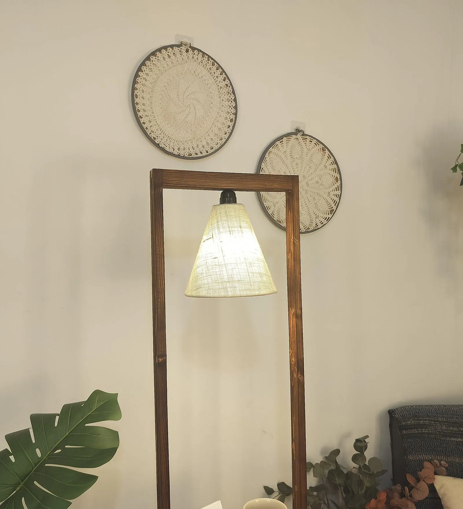 Gabrielle Wooden Floor Lamp with Brown Base and Jute Fabric Lampshade