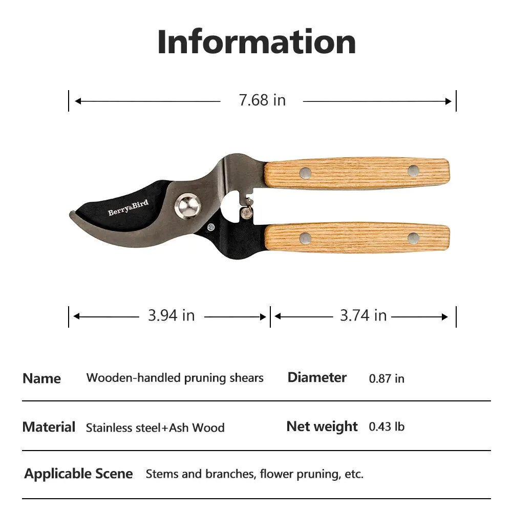 Garden Shears Wood Handle Pruning Shears 7.68 inch with SK-5 Carbon Steel Blade