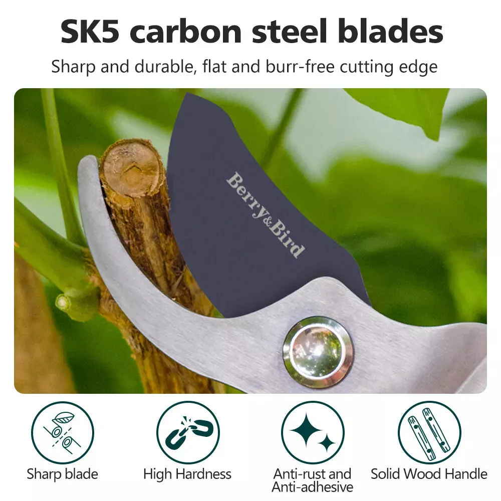 Garden Shears Wood Handle Pruning Shears 7.68 inch with SK-5 Carbon Steel Blade