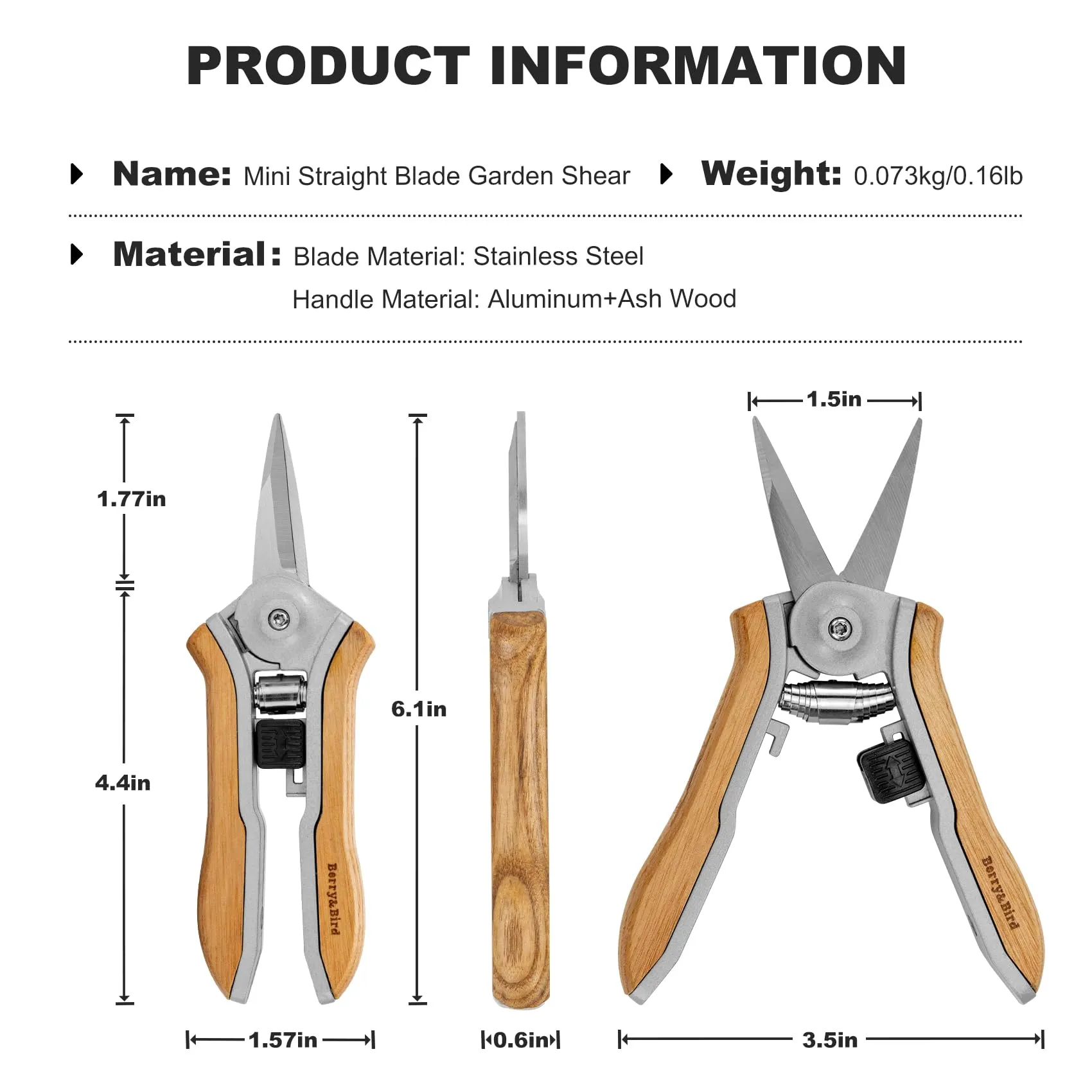 Garden Shears Wood Handle Pruning Snips 6.1 inch Stainless Steel Gardening Scissors