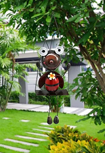 GDF Solar Lady Bugs Swing Metal Ladybug Hanging Animal Garden Decor Waterproof Solar Lights Decorative Outdoor Lights for Outside Patio Balcony Pathway Lawn Yard,Gifts for Her/Him