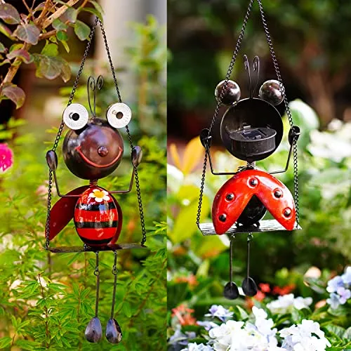 GDF Solar Lady Bugs Swing Metal Ladybug Hanging Animal Garden Decor Waterproof Solar Lights Decorative Outdoor Lights for Outside Patio Balcony Pathway Lawn Yard,Gifts for Her/Him