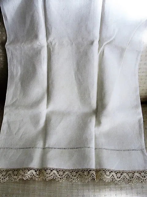 GORGEOUS Antique French Natural Linen Pillowcase With Bobbin Lace Trim Fine Vintage Linens