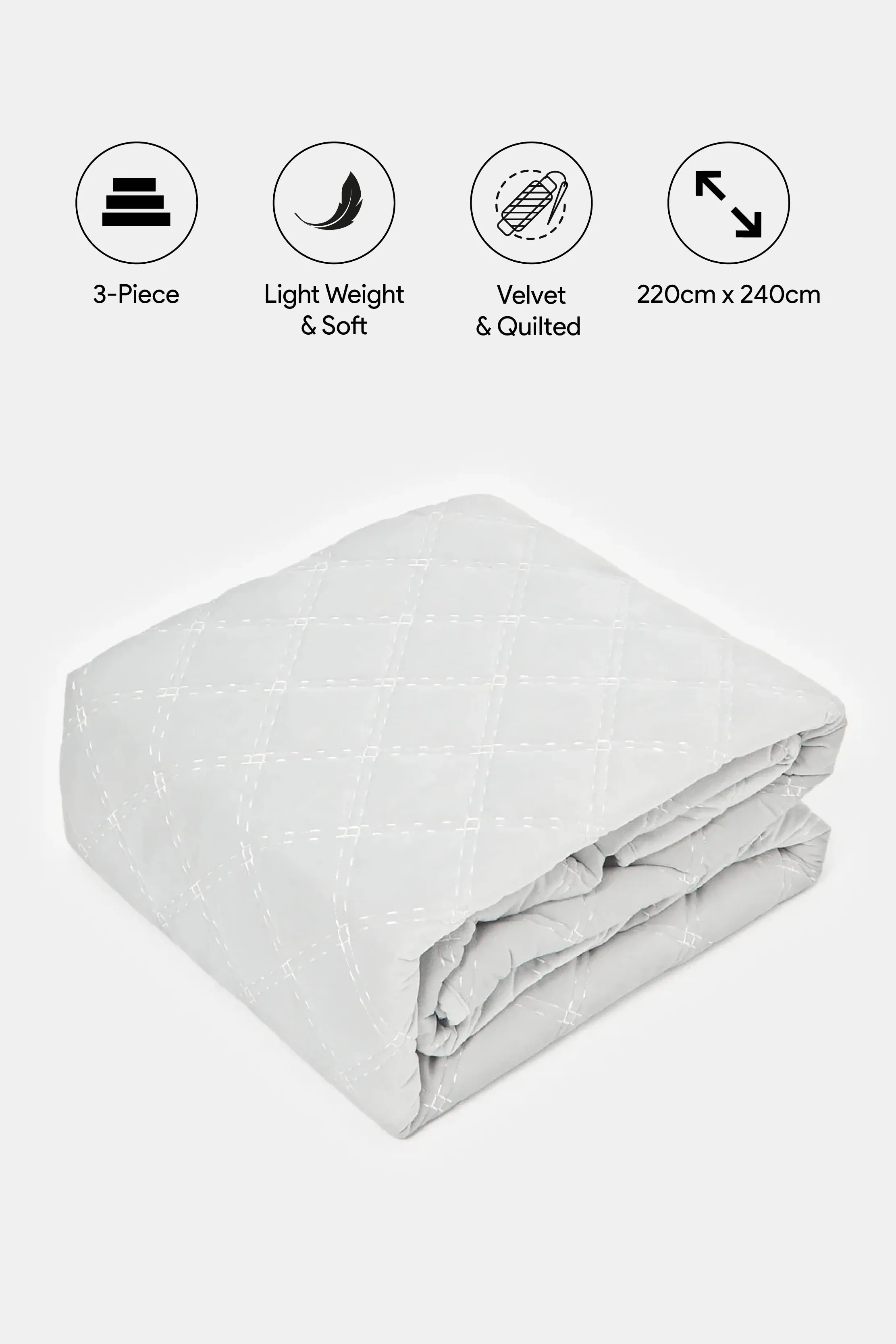 Grey Velvet 3-Piece Quilt (Double Size)