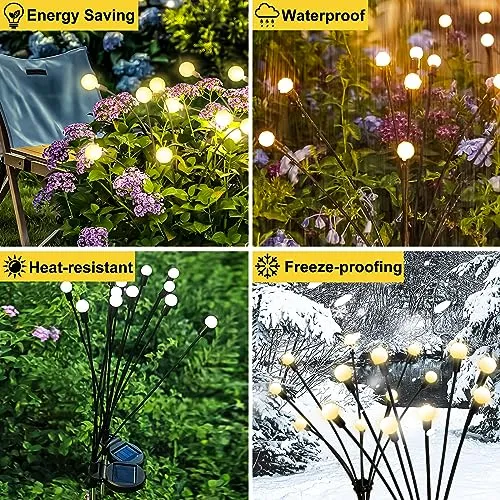 HXWEIYE 4 Pack Solar Firefly Garden Lights with Seperator, 8LED Swaying Solar Lights Warm White with 2 Lighting Modes, Sway at Breeze. Waterproof Solar Outdoor Lights for Outside,Patio,Yard,Xmas