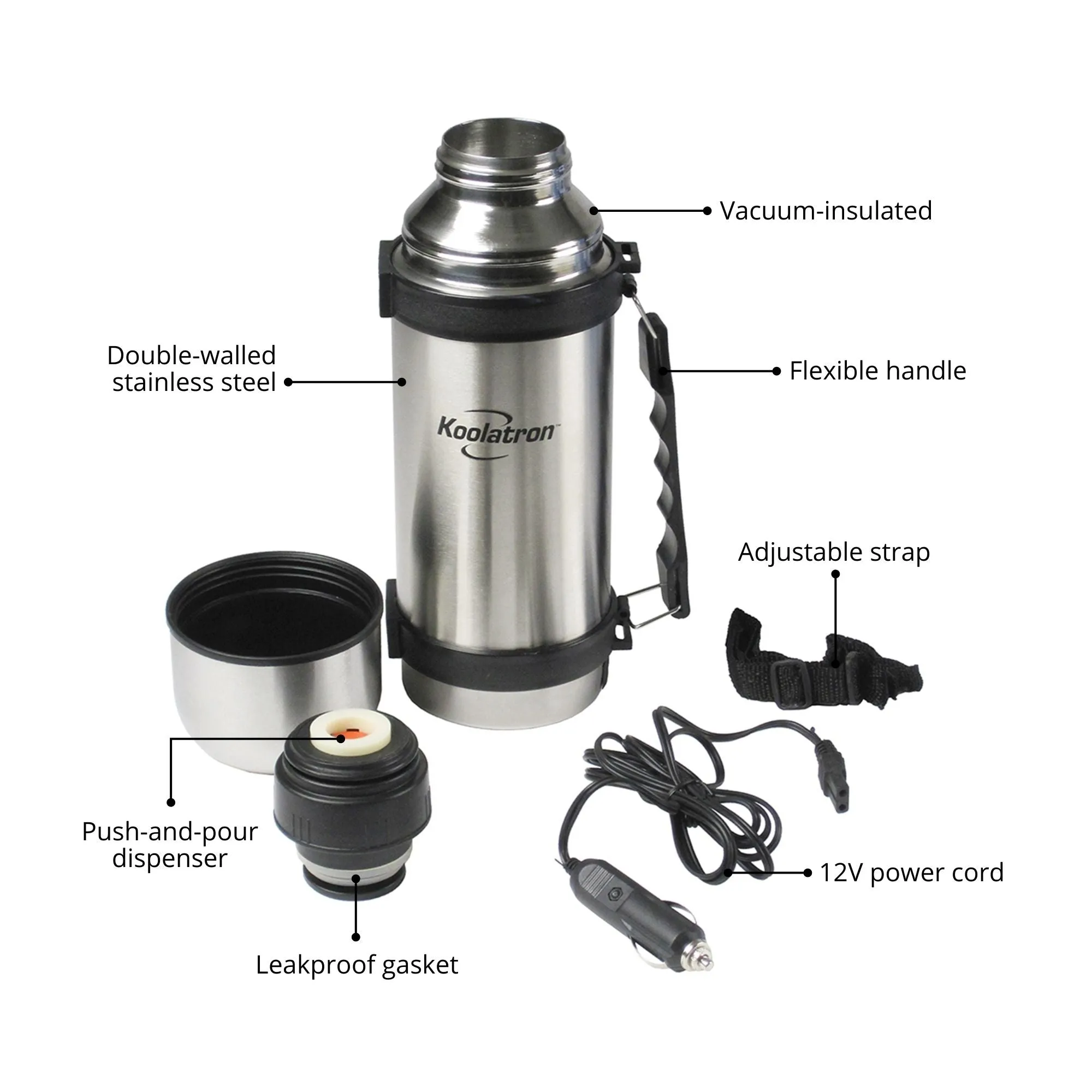 Koolatron 12V Heated Vacuum Flask, 1L (34 oz) Thermos Bottle with Heater and Cup, Stainless Steel, for Hot or Cold Drinks, Silver and Black, for Beverages, Travel, Car, SUV, Truck, RV, Boat