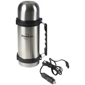 Koolatron 12V Heated Vacuum Flask, 1L (34 oz) Thermos Bottle with Heater and Cup, Stainless Steel, for Hot or Cold Drinks, Silver and Black, for Beverages, Travel, Car, SUV, Truck, RV, Boat