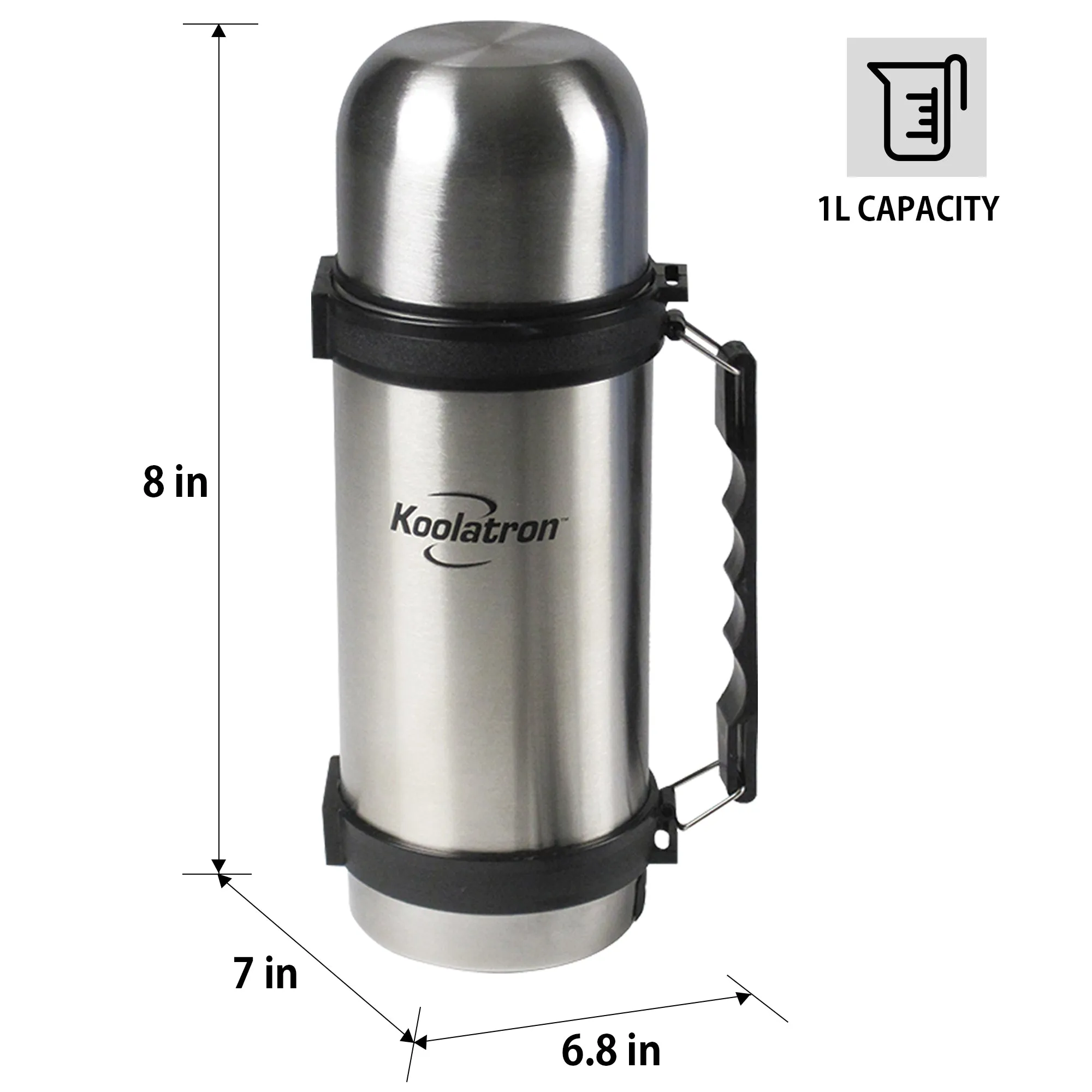 Koolatron 12V Heated Vacuum Flask, 1L (34 oz) Thermos Bottle with Heater and Cup, Stainless Steel, for Hot or Cold Drinks, Silver and Black, for Beverages, Travel, Car, SUV, Truck, RV, Boat