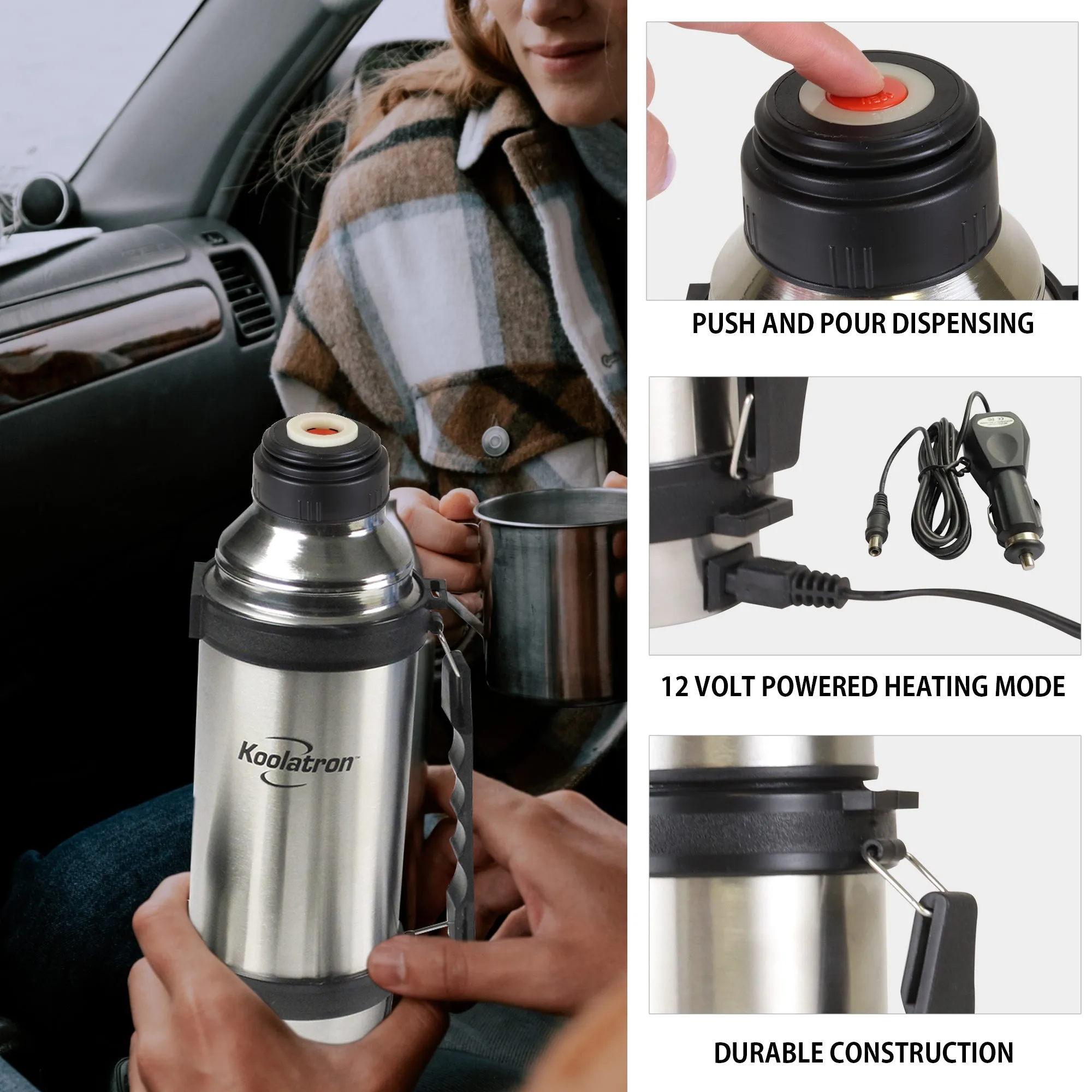 Koolatron 12V Heated Vacuum Flask, 1L (34 oz) Thermos Bottle with Heater and Cup, Stainless Steel, for Hot or Cold Drinks, Silver and Black, for Beverages, Travel, Car, SUV, Truck, RV, Boat