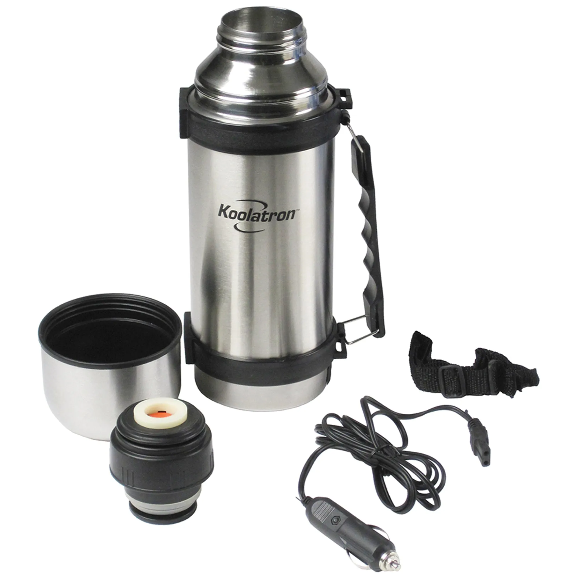 Koolatron 12V Heated Vacuum Flask, 1L (34 oz) Thermos Bottle with Heater and Cup, Stainless Steel, for Hot or Cold Drinks, Silver and Black, for Beverages, Travel, Car, SUV, Truck, RV, Boat