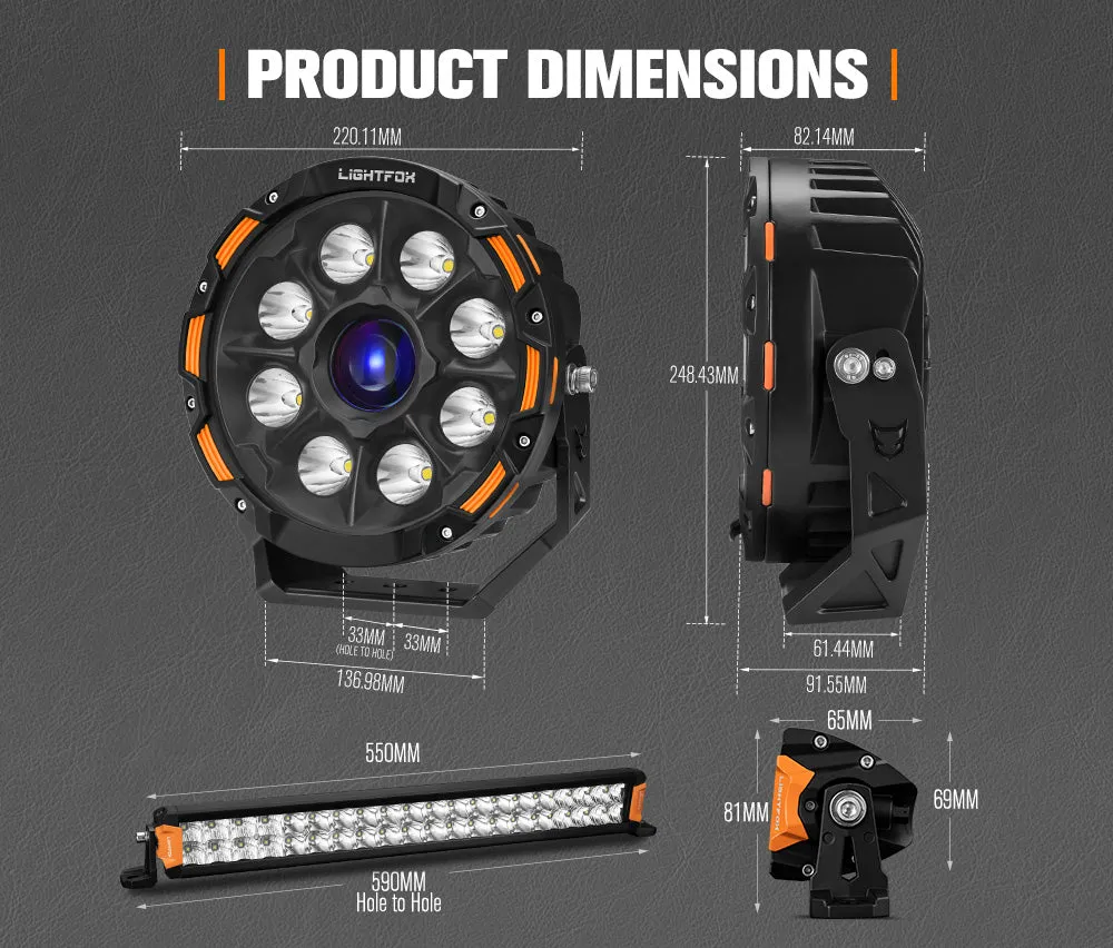 LIGHTFOX OSRAM 9 inch Laser Round Driving Lights 20 inch Dual Row LED Light Bar Headlight with Wiring Kit