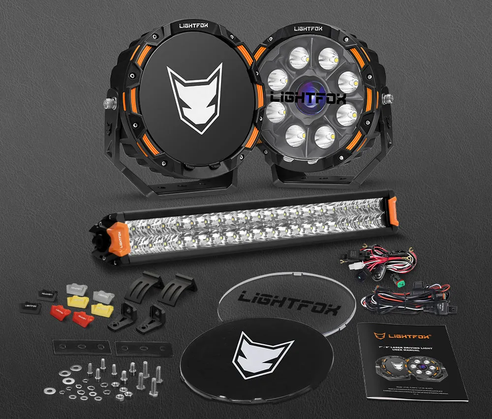 LIGHTFOX OSRAM 9 inch Laser Round Driving Lights 20 inch Dual Row LED Light Bar Headlight with Wiring Kit