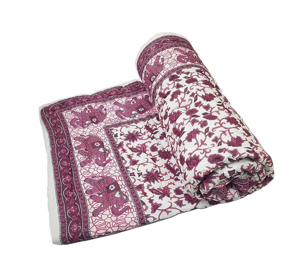 LOARSHY Pure Cotton Elephant Printed Quilt | Lightweight and Warm Jaipuri Rajasthani Single Bed Razai | Soft Razai for Winters | Gift Item for Family and Friends (Multi, Pack of 1)