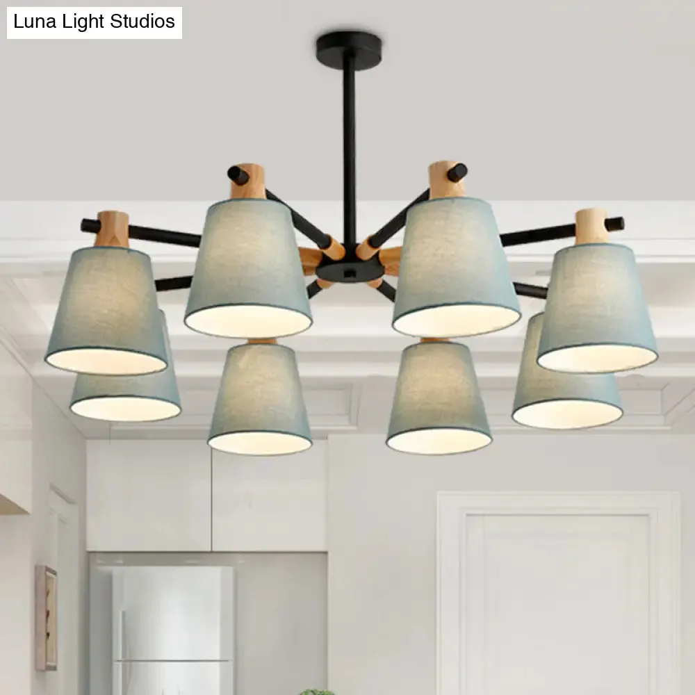 Modern Cone Fabric Chandelier Light - Wooden Hang Lampshade for Dining Room or Bedroom